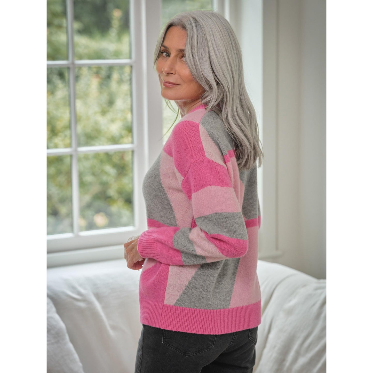 Pink - Back - WoolOvers Womens-Ladies Geometric Pattern Jumper