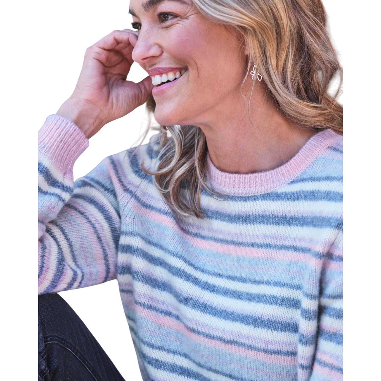 Pink-Blue - Side - WoolOvers Womens-Ladies Marl Soft Stripes Jumper