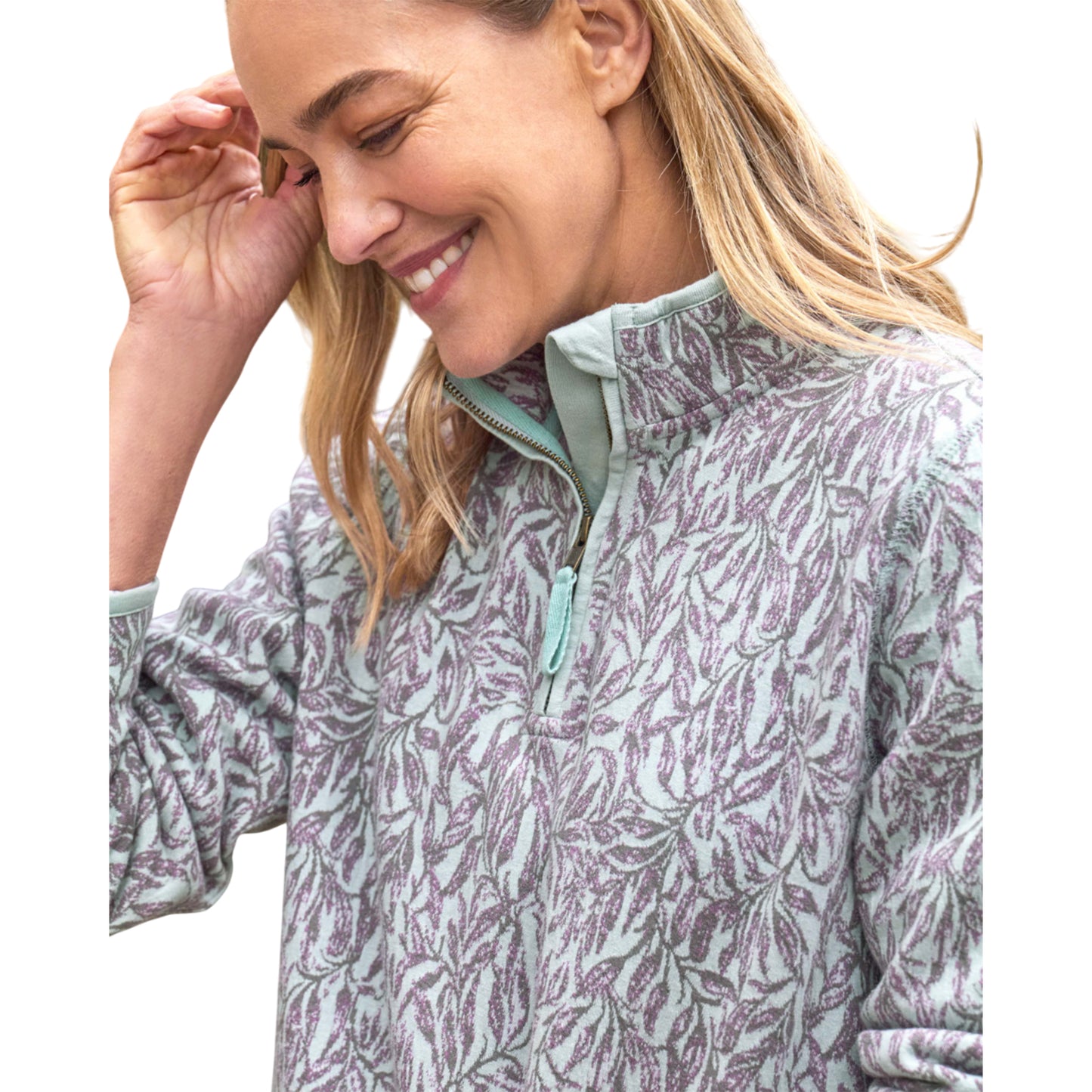 Vine Green - Side - WoolOvers Womens-Ladies Textured Jacquard Quarter Zip Sweatshirt