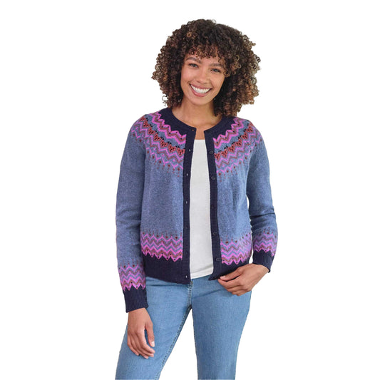 Denim-Multicoloured - Front - WoolOvers Womens-Ladies Nordic Yoke Fair Isle Cardigan