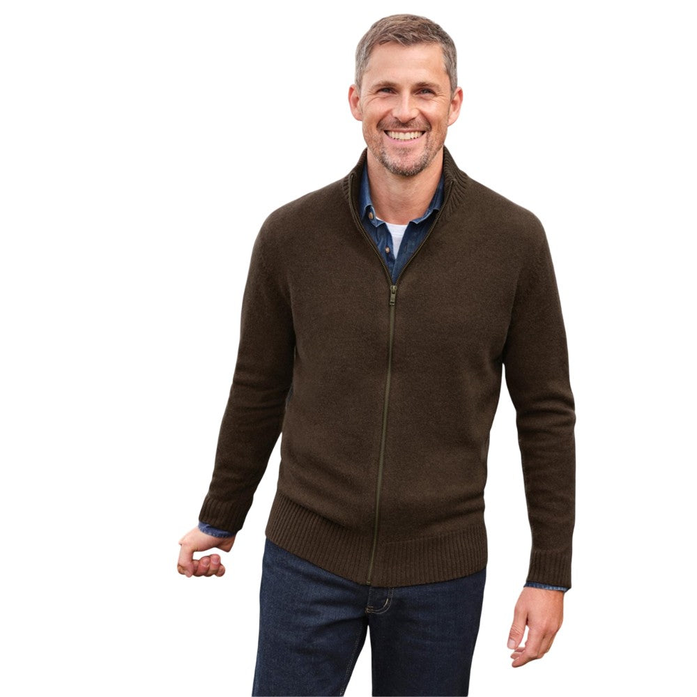 Brown - Lifestyle - WoolOvers Mens Lincoln Lambswool Full Zip Cardigan