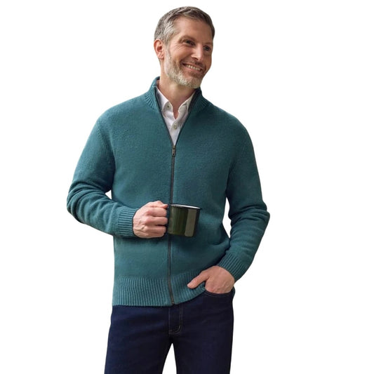 Aqua - Front - WoolOvers Mens Lincoln Lambswool Full Zip Cardigan