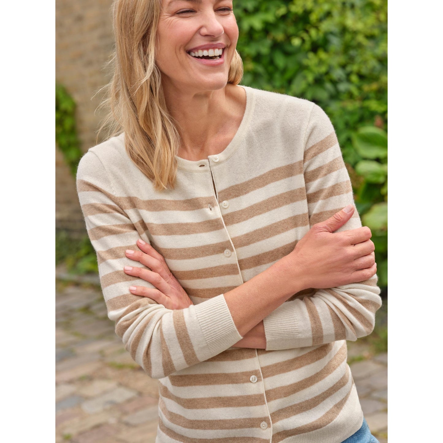 Cream-Camel - Back - WoolOvers Womens-Ladies Plain Cashmere Crew Neck Classic Cardigan
