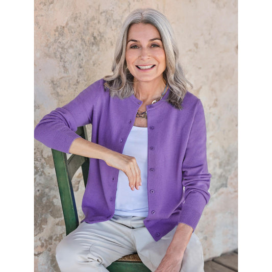 Allium Purple - Front - WoolOvers Womens-Ladies Plain Cashmere Crew Neck Classic Cardigan