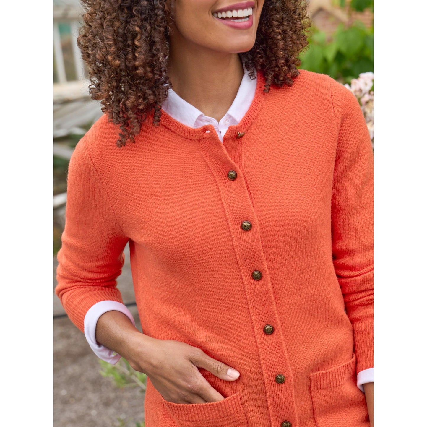 Coral - Side - WoolOvers Womens-Ladies Lambswool Crew Neck Cardigan