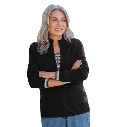 Black - Front - WoolOvers Womens-Ladies Lambswool Zipped Fitted Cardigan