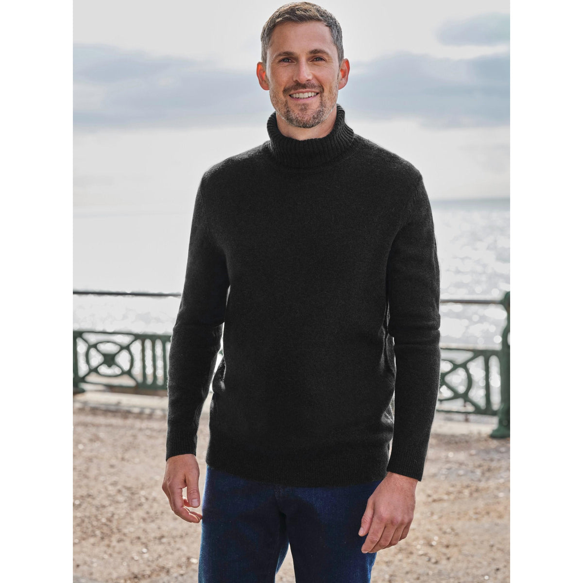 Black - Front - WoolOvers Mens Polo Neck Jumper