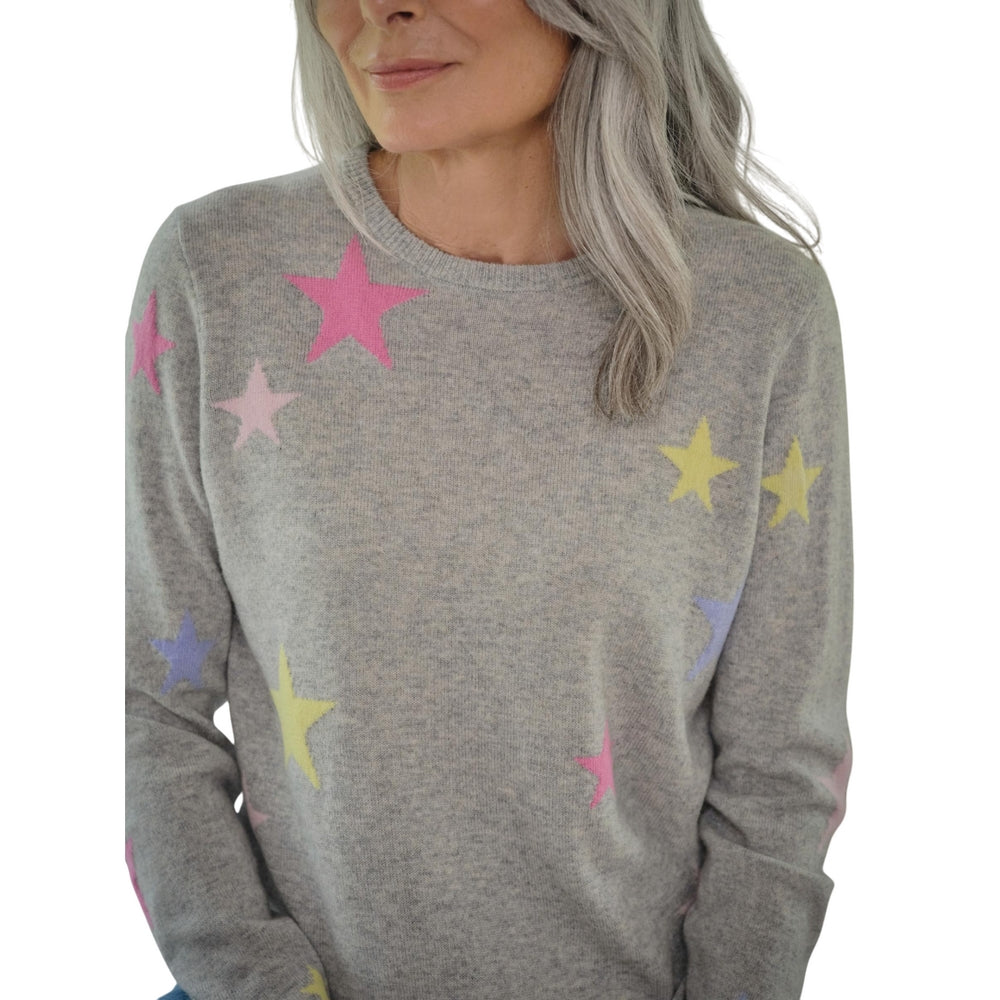 Grey - Side - WoolOvers Womens-Ladies Star Cashmere Merino Crew Neck Jumper