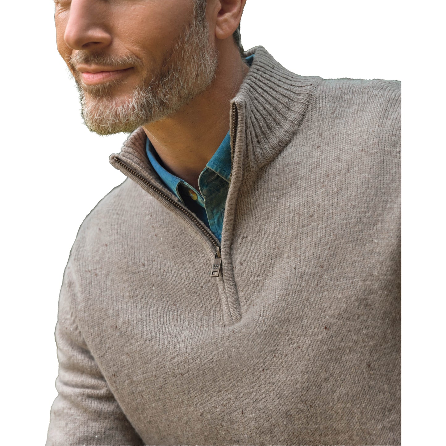 Oat Marl - Side - WoolOvers Mens Lambswool Zip Neck Jumper