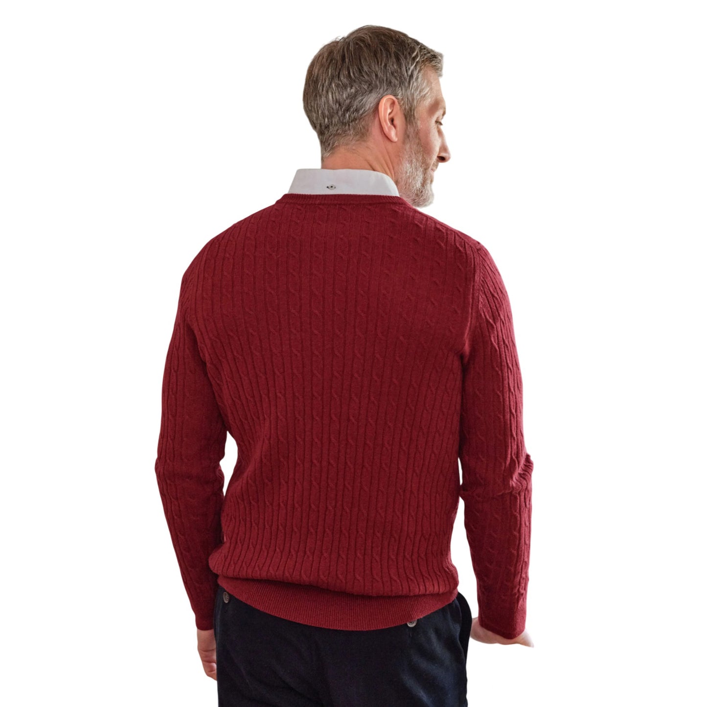 Windsor Wine - Back - WoolOvers Mens Cable Knit Cashmere Merino Crew Neck Jumper