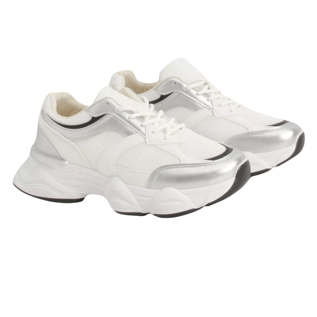 White-Silver - Side - Where´s That From Womens-Ladies Hoops Mesh Trainers
