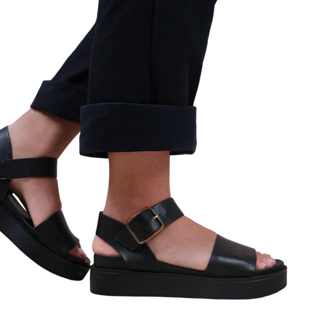 Black - Back - Where´s That From Womens-Ladies Phoenix PU Buckle Detail Wide Flat Sandals