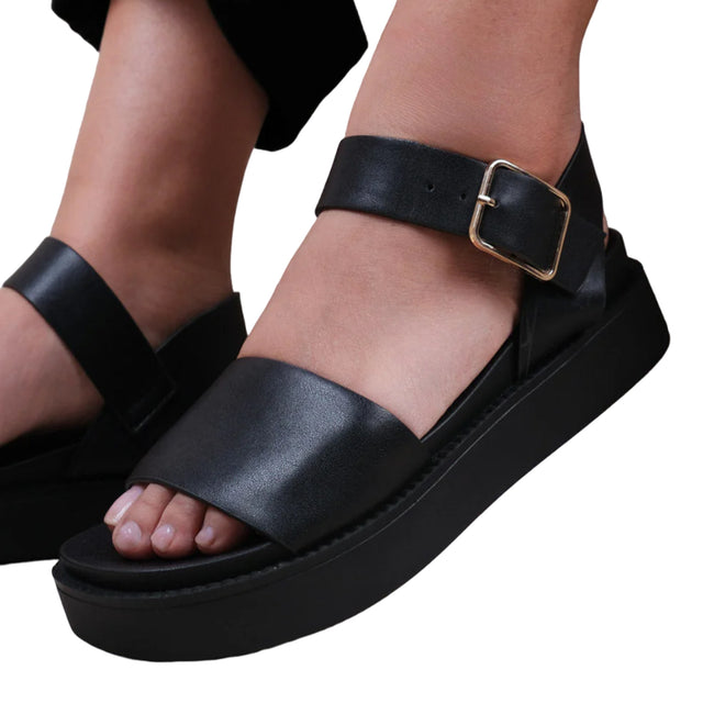 Black - Side - Where´s That From Womens-Ladies Phoenix PU Buckle Detail Wide Flat Sandals