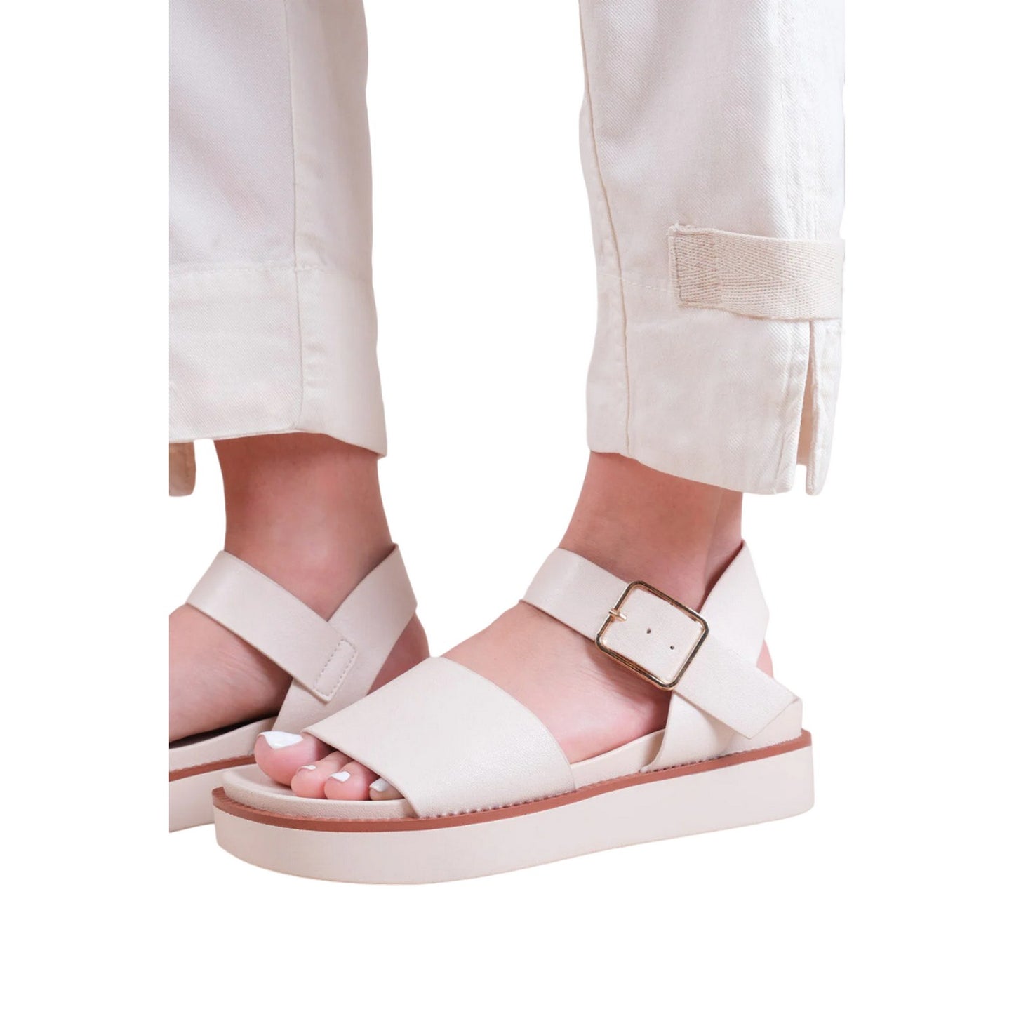 Cream - Side - Where´s That From Womens-Ladies Phoenix PU Buckle Detail Extra Wide Platform Sandals