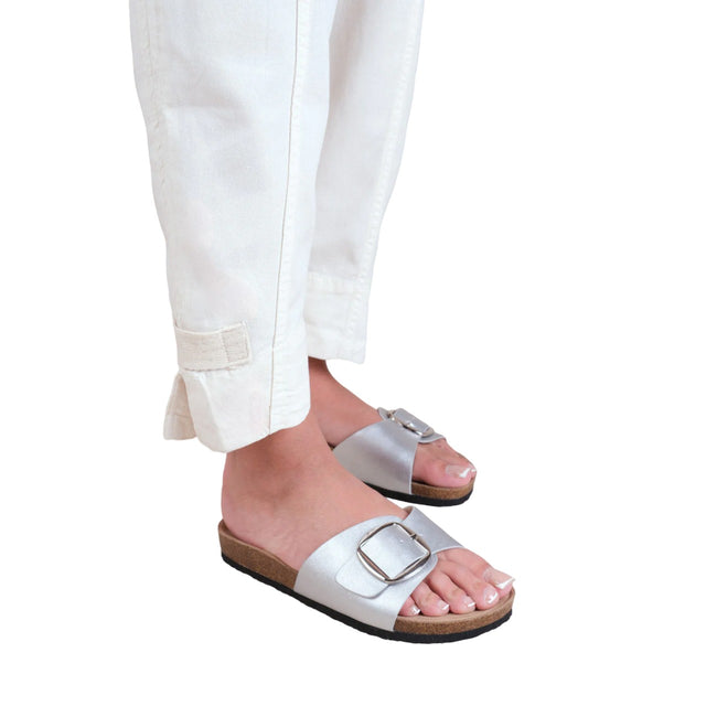 Silver - Back - Where´s That From Womens-Ladies Sequoia Buckle PU Single Strap Sandals