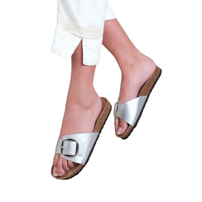 Silver - Side - Where´s That From Womens-Ladies Sequoia Buckle PU Single Strap Sandals