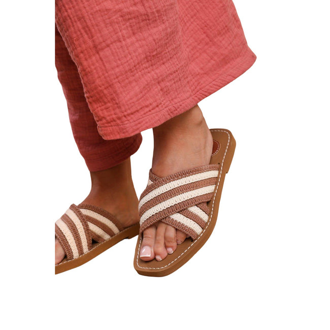 Mocha-Beige - Back - Where´s That From Womens-Ladies Arizona Striped Crossover Strap Flip Flops
