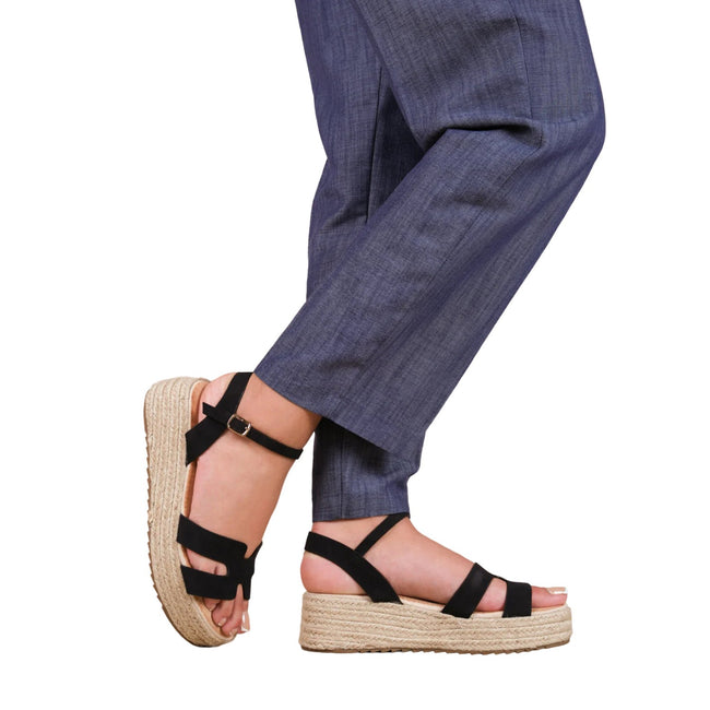 Black - Back - Where´s That From Womens-Ladies London Nubuck Ankle Strap Flatform Sandals
