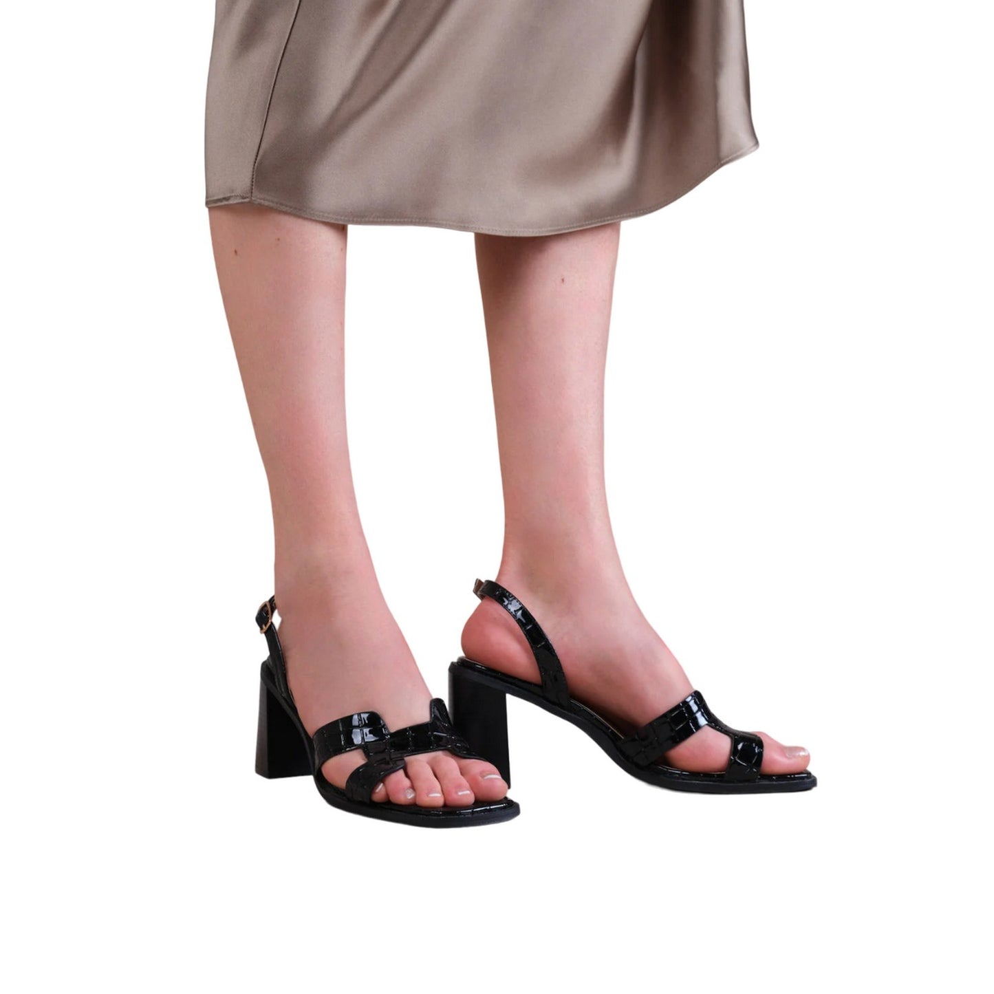 Black - Back - Where´s That From Womens-Ladies Stylite Crocodile Print Patent Leather Strappy Block Heel Sandals