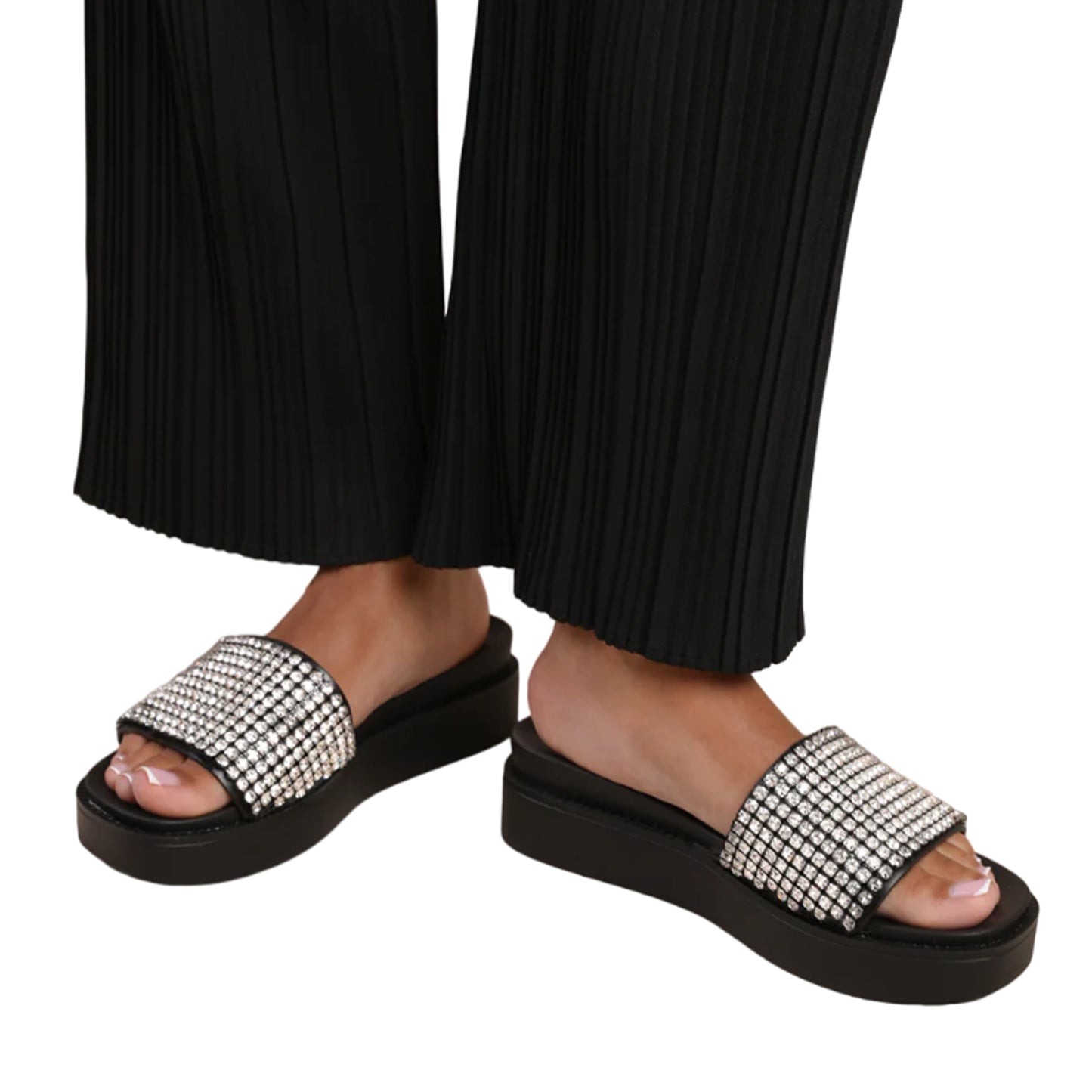 Black - Side - Where´s That From Womens-Ladies Marvel Diamante PU Platform Low Wedge Sliders