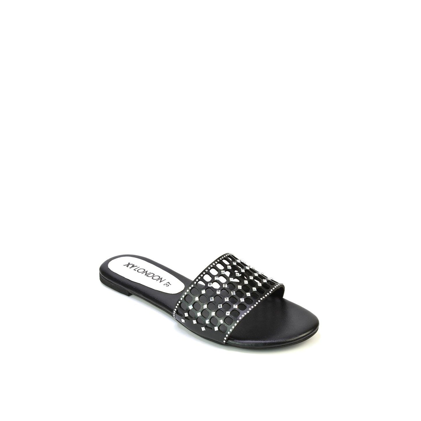 Black - Pack Shot - XY London Womens-Ladies Abbie Diamante Cut Out Flat Sliders
