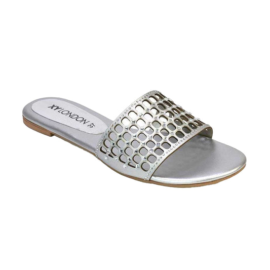 Silver - Front - XY London Womens-Ladies Abbie Diamante Cut Out Flat Sliders