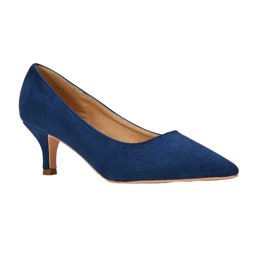 Navy - Front - XY London Womens-Ladies Cali Suedette Pointed Kitten Heel Court Shoes