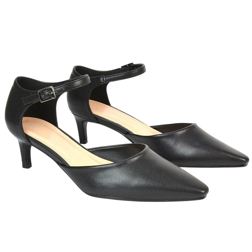 Black - Close up - XY London Womens-Ladies Kacey Ankle Strap Kitten Heel Court Shoes