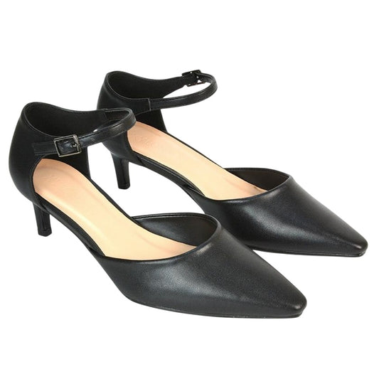 Black - Front - XY London Womens-Ladies Kacey Ankle Strap Kitten Heel Court Shoes