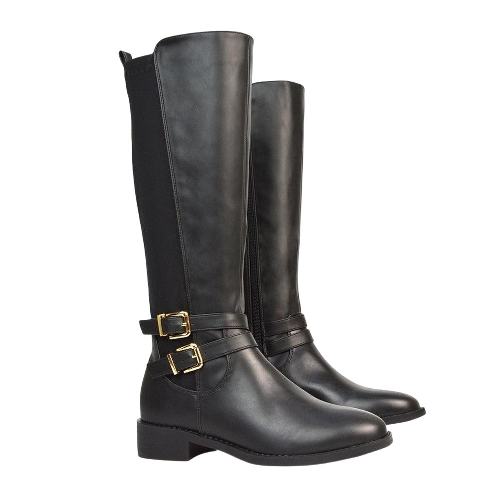 Black - Pack Shot - XY London Womens-Ladies Charlie Stretch Side Zip Flat Knee-High Boots