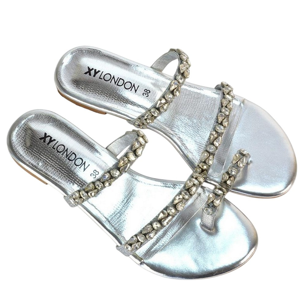 Silver - Lifestyle - XY London Womens-Ladies Sammie Crystal Sparkly Toe Post Strappy Flat Sandals