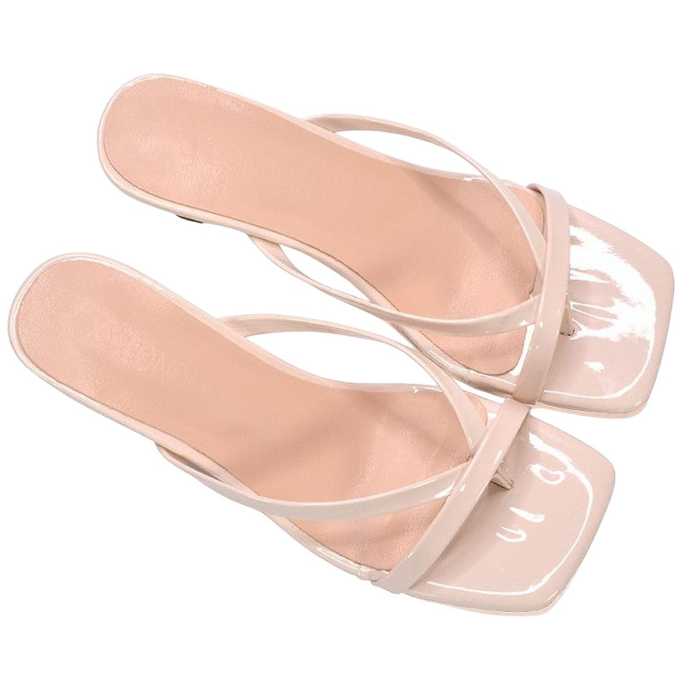 Nude - Close up - XY London Womens-Ladies Tiana Square Toe Mid Kitten Heel Mule Sandals