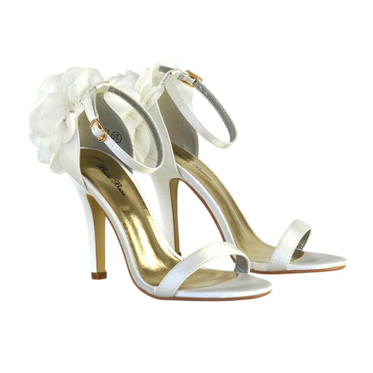 Ivory - Front - XY London Womens-Ladies Zola Floral Satin Strappy Stiletto Heel High Heels