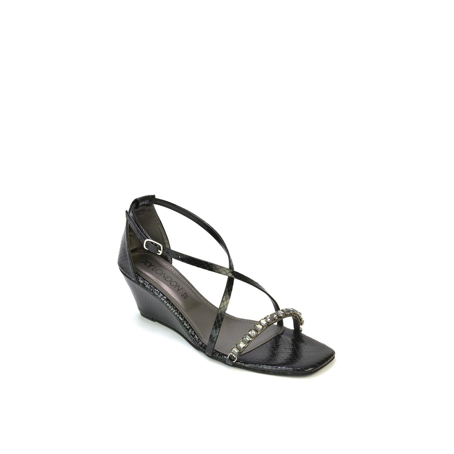 Black - Pack Shot - XY London Womens-Ladies Sky Diamante Square Toe Wedge Sandals