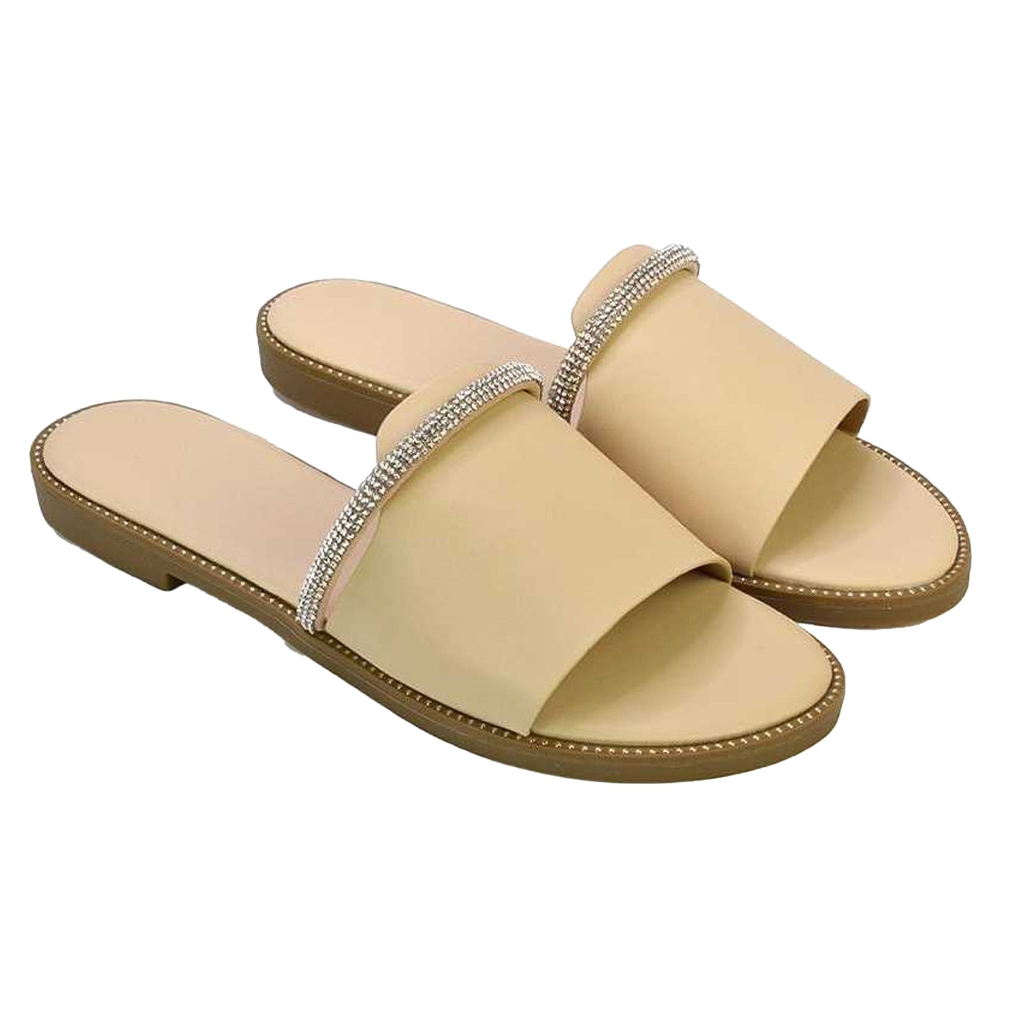 Nude - Close up - London Womens-Ladies Khai Rhinestone Diamante Flat Sliders