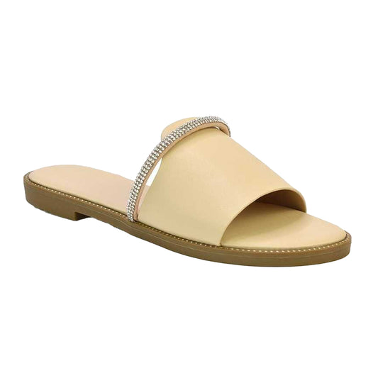 Nude - Front - London Womens-Ladies Khai Rhinestone Diamante Flat Sliders