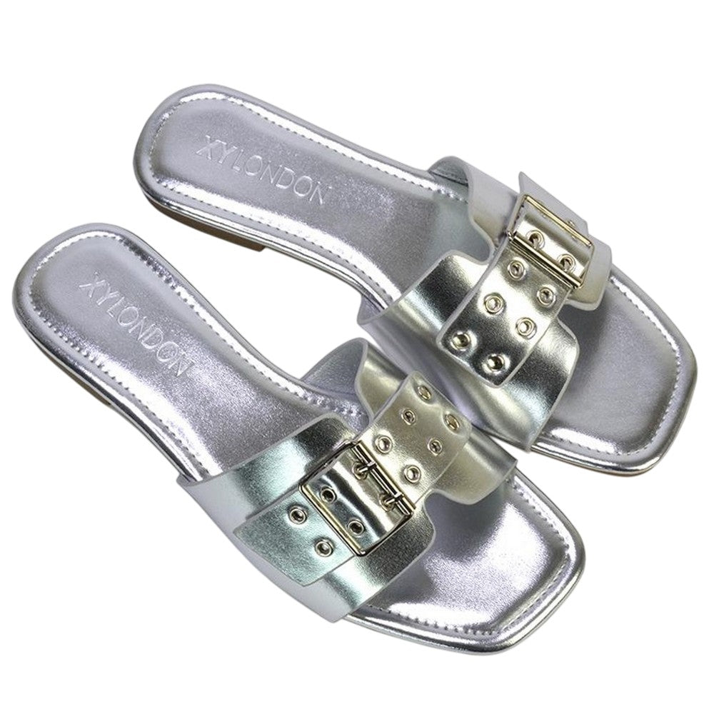Silver - Pack Shot - XY London Womens-Ladies Inez Buckle Metallic Square Toe Strappy Flat Sandals