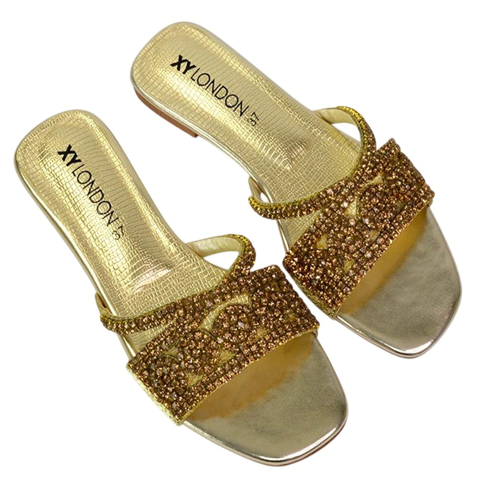 Gold - Pack Shot - XY London Womens-Ladies Kingsley Diamante Slip-on Embellished Flat Sandals