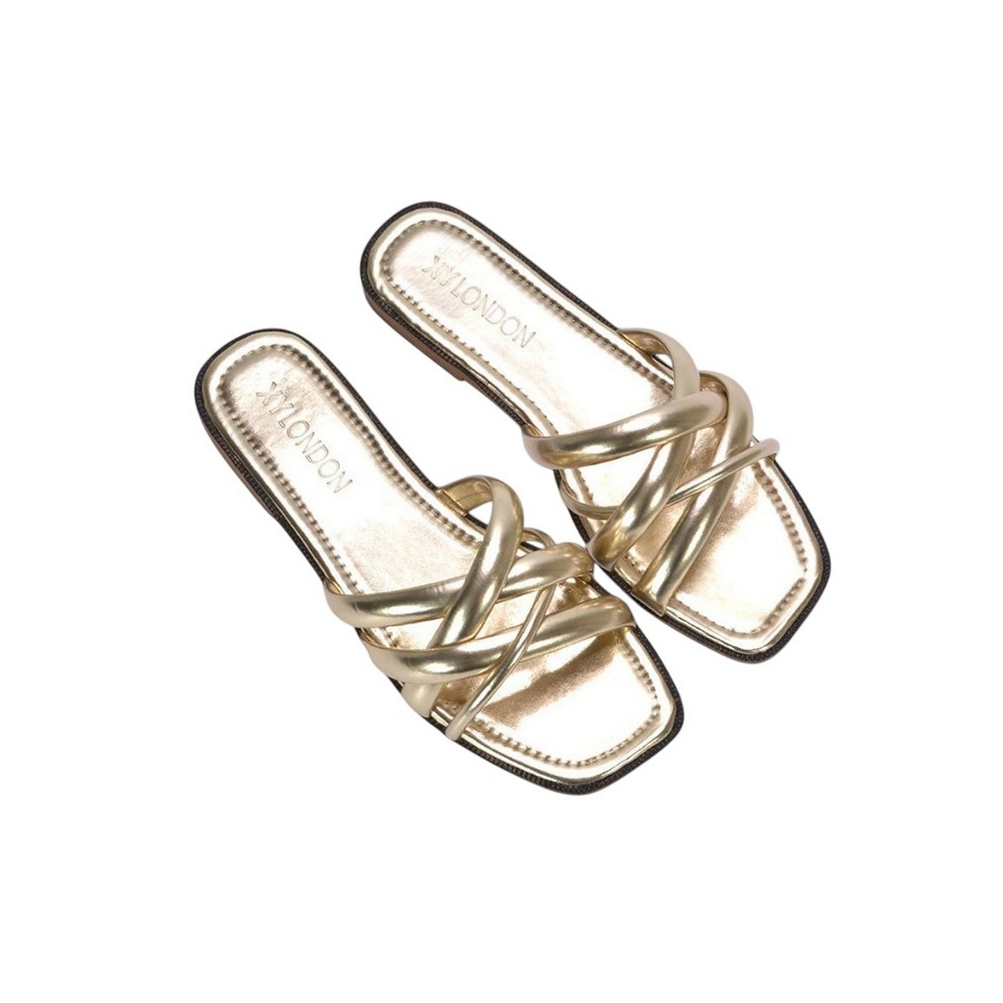 Metallic Gold - Pack Shot - XY London Womens-Ladies Fiona Strappy Open Toe Flat Sliders