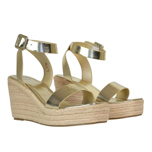 Metallic Gold - Front - XY London Womens-Ladies Linda Woven Metallic Platform Wedge Sandals