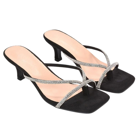 Jet Black - Front - XY London Womens-Ladies Megan Diamante Slip-on Kitten Heel Mules