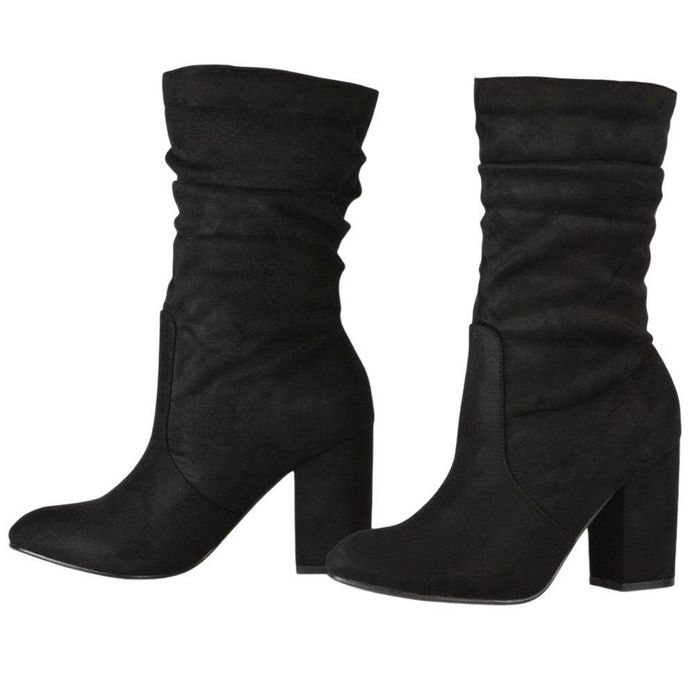 Jet Black - Pack Shot - XY London Womens-Ladies Belle Ruched Medium Block Heel Boots
