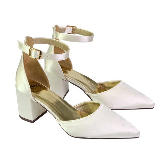 Ivory - Front - XY London Womens-Ladies Bronte Strappy Pointed Medium Block Heel Court Shoes