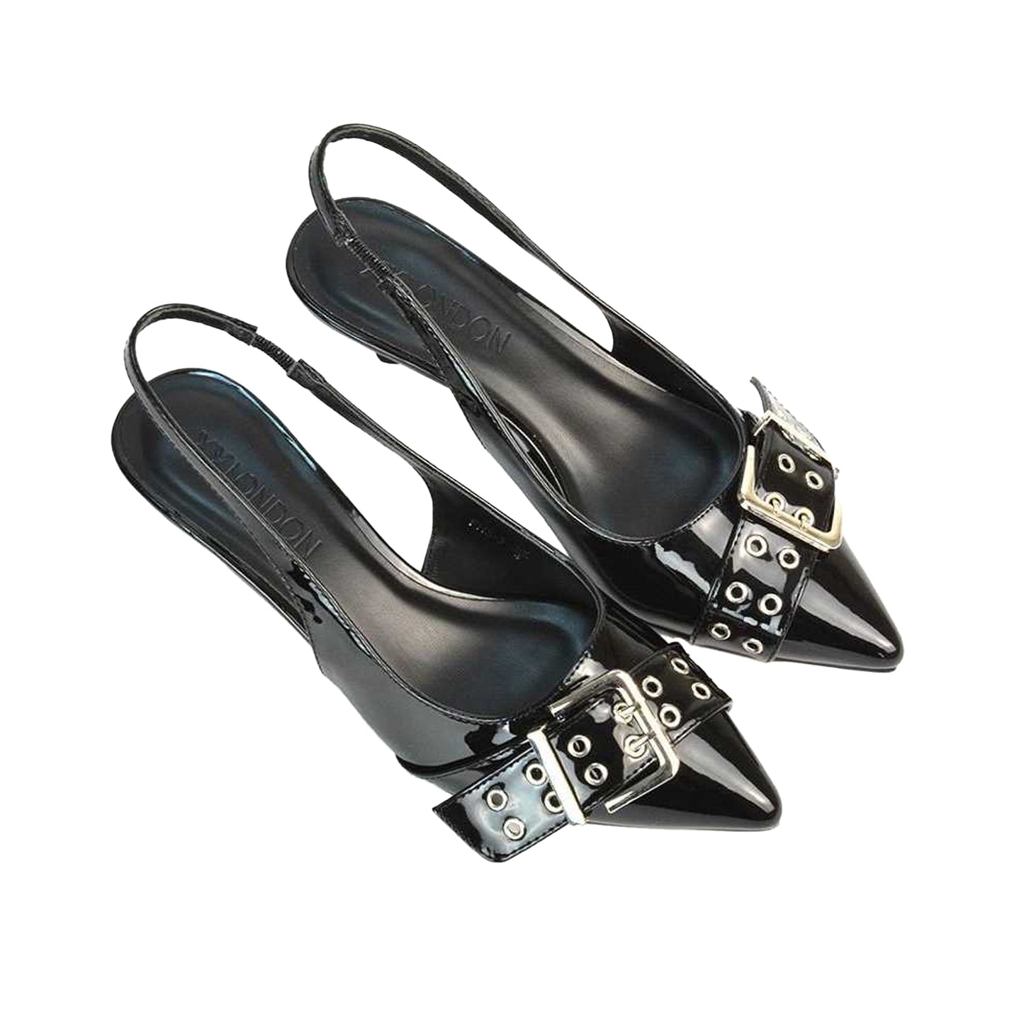 True Black - Close up - XY London Womens-Ladies Lexi Patent Sling Back Buckle Detail Kitten Heel Sandals