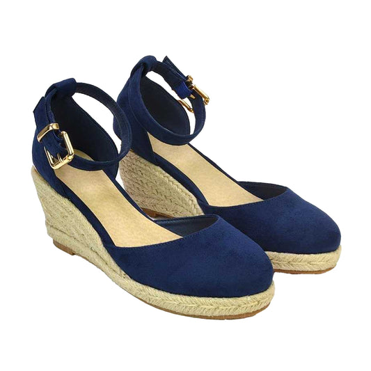 Navy - Front - XY London Womens-Ladies Forest Closed Toe Wedge Espadrilles
