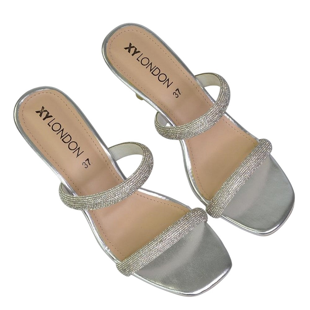 Silver - Close up - XY London Womens-Ladies Nancy Diamante Square Toe Strappy Kitten Heel Mules