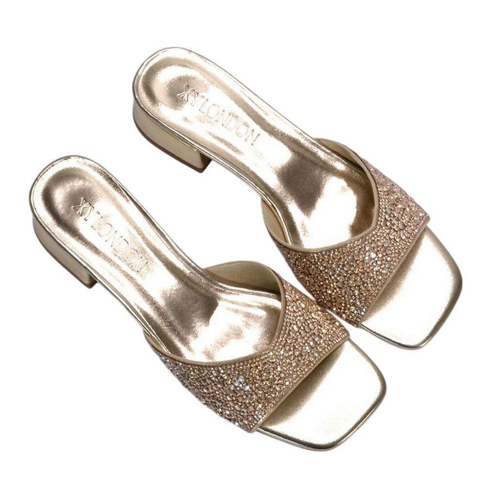 Metallic Gold - Close up - XY London Womens-Ladies Erica Metallic Low Block Heel Mule Sandals