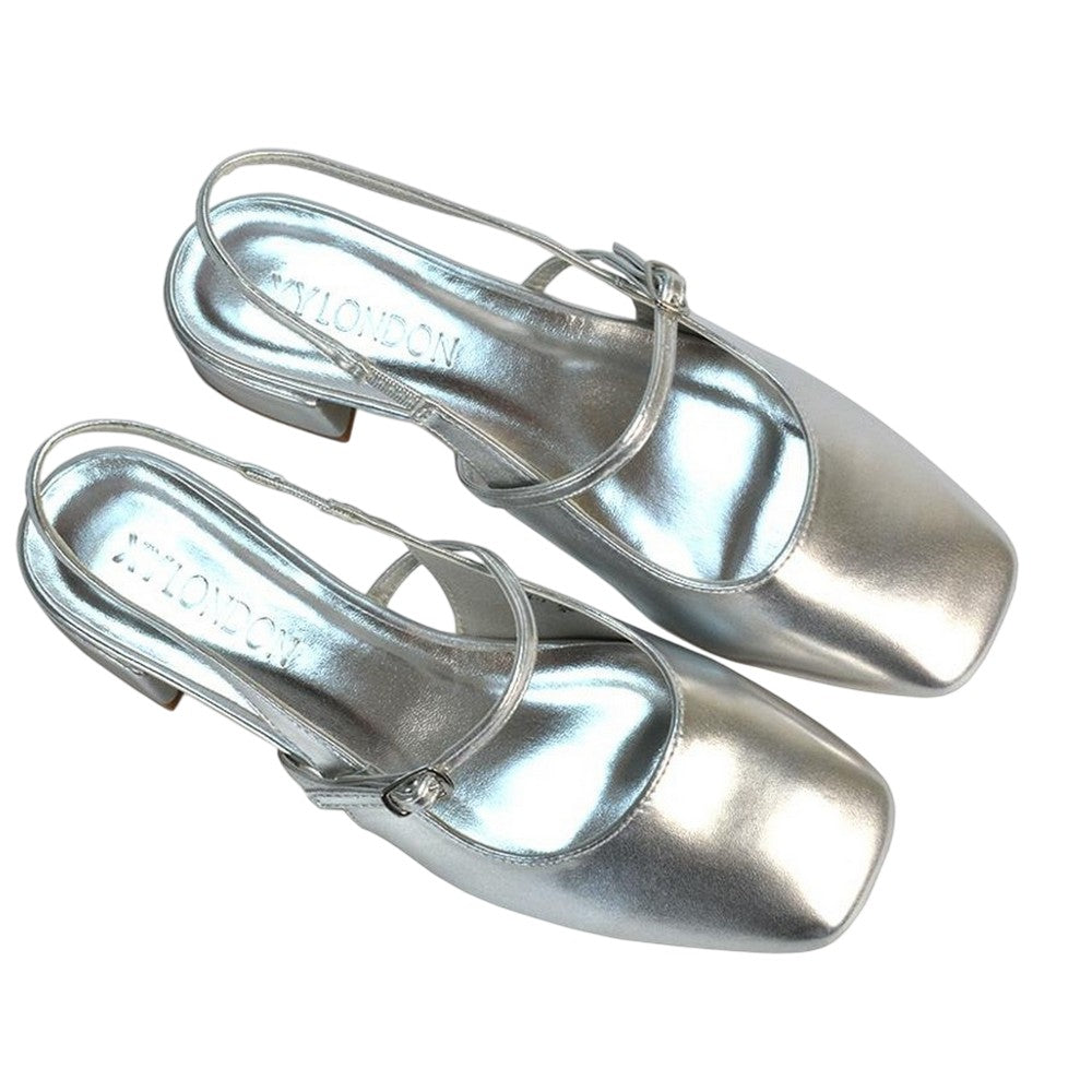 Metallic Silver - Pack Shot - XY London Womens-Ladies Marie Sling Back Low Block Heel Espadrilles