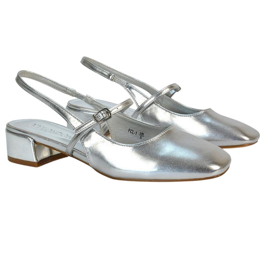 Metallic Silver - Front - XY London Womens-Ladies Marie Sling Back Low Block Heel Espadrilles