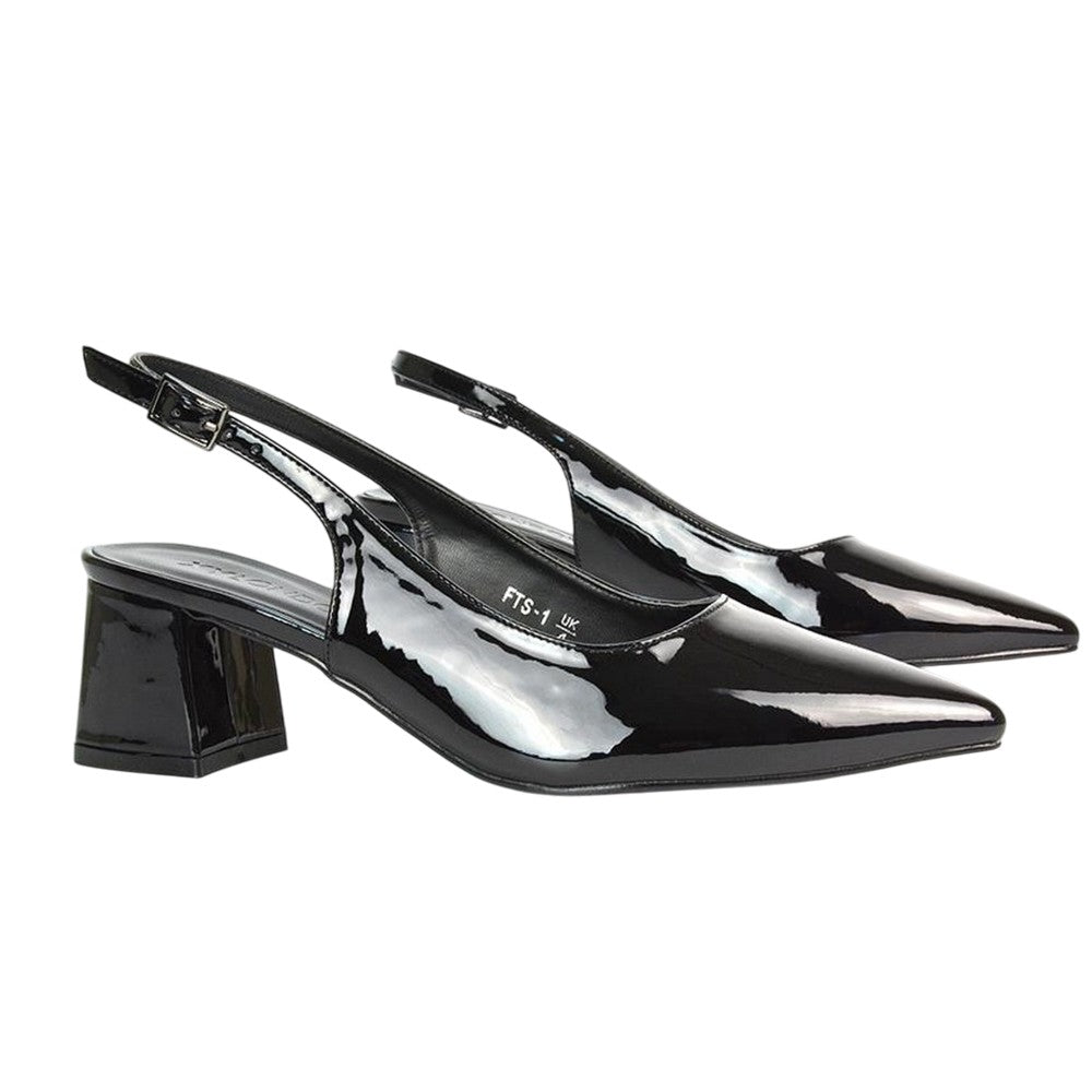 True Black - Close up - XY London Womens-Ladies Becky Patent Leather Sling Back Court Pumps